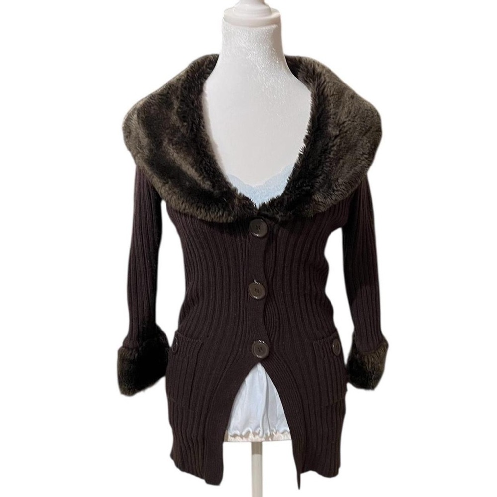 Elegant Brown Faux Fur Trimmed Sweater